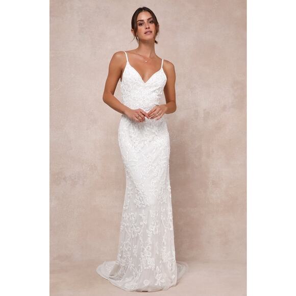 NWT Lulus Everlasting Passion White Sequin Beaded Backless Maxi Dress Bride XXS - Picture 1 of 12